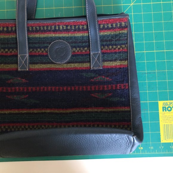 BORN Wool Navy Leather Southwestern Boho Tote Shopper Bag - Picture 6 of 11